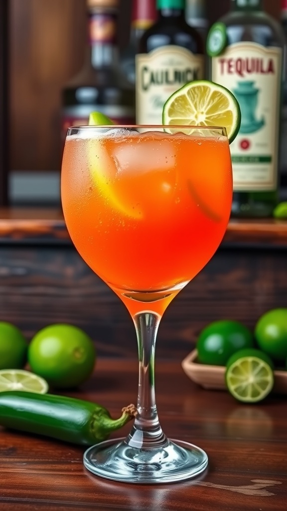 A zesty jalapeño tequila cocktail in a glass with lime and jalapeño garnish on a rustic bar.